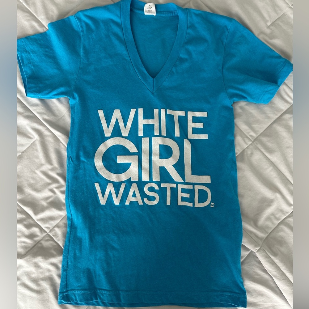 White Girl Wasted Blue V-Neck Graphic Tee T shirt Summer Drinking Shirt Xs